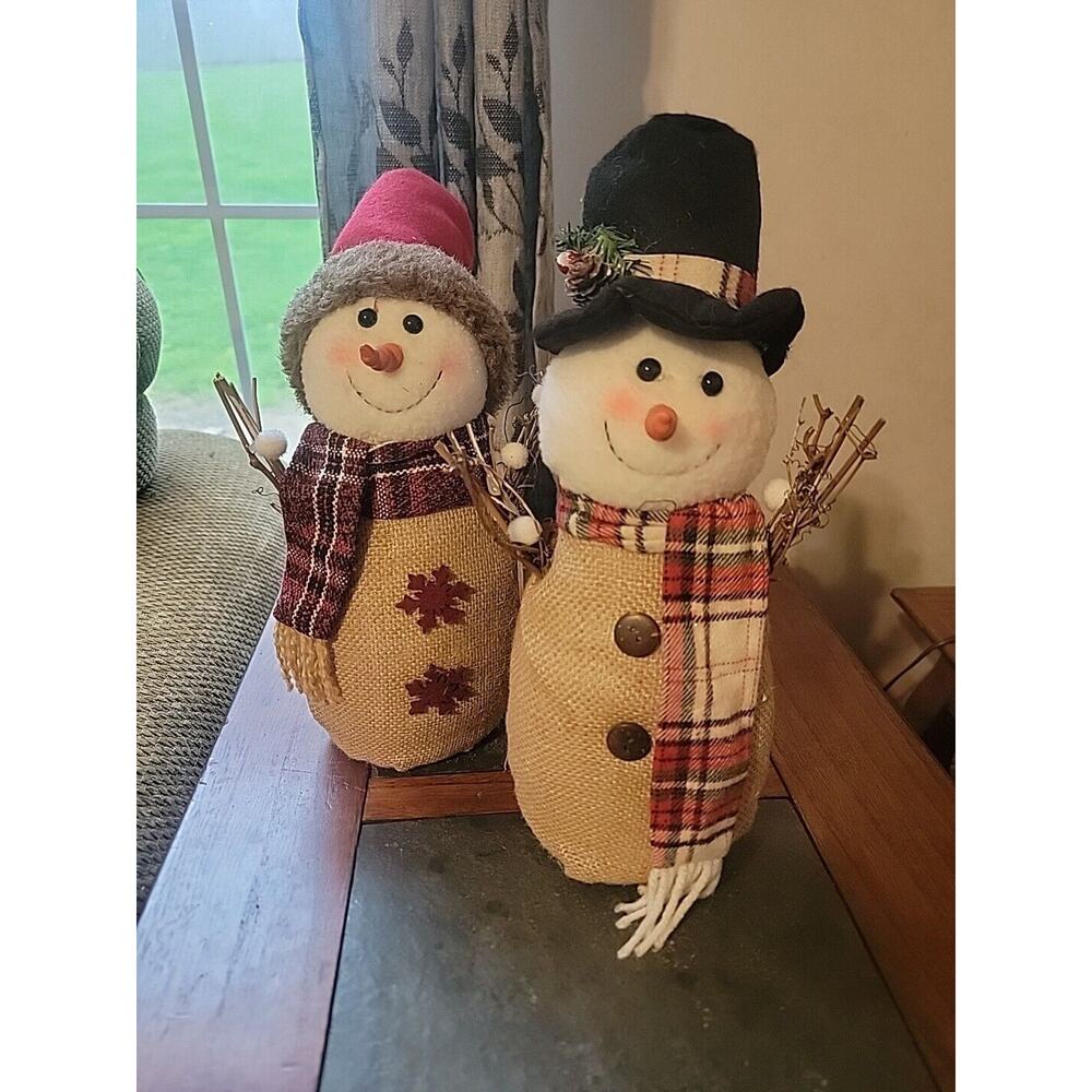 Set of 2 Holiday Style Burlap Snowmen Holiday Christmas 12"